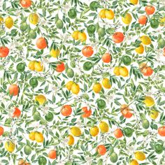 an orange and lemon pattern is shown on a white background with green leaves, flowers and fruit