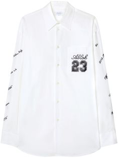 white/black cotton embroidered logo number patch to the front straight-point collar front button fastening long sleeves curved hem Black Long Top, Off White Clothing, Men Logo, Off-white Logo, Logo Number, Off White Mens, White Shirts, Men Looks, Oversized Shirt