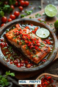 salmon fillets with tomatoes and limes in a skillet