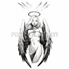 an angel with wings and halo tattoo design