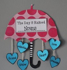 the day it rained nourishment with blue and pink hearts attached to an umbrella