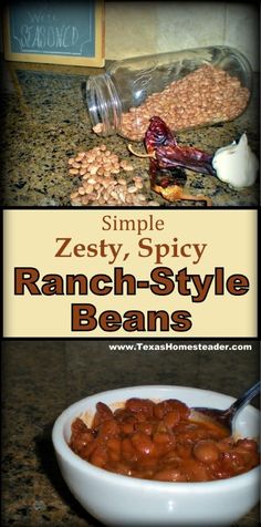 the recipe for ranch style beans is shown in two pictures