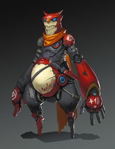 an animated character is holding a drum and wearing a red helmet with two horns on it's head