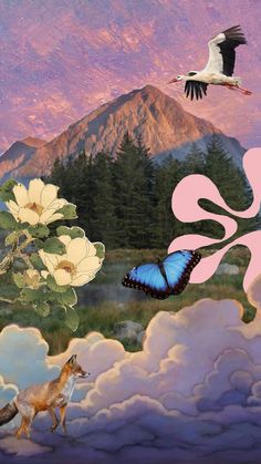 a painting with flowers and birds in the sky next to clouds, mountains and trees