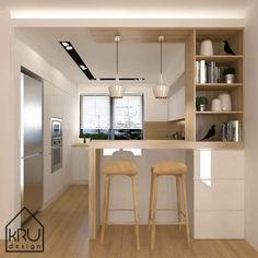 two stools are sitting at the bar in this modern style kitchen with white walls and wood flooring