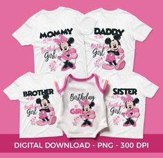 three shirts with minnie mouse on them and the words,'birthday girl'in pink