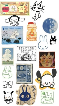 an assortment of stamps and stickers with cartoon characters on them, all in different colors