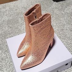 Rose Gold Rhinestone Encrusted Boot By Top Moda. She's A Beauuuuty! Formal Rhinestone Boots For Spring, Spring Ankle-high Rhinestone Boots, Rose Gold Boots, Block Boots, Gold Boots, Top Moda, Fall Ideas, Shoe Show, Gold Rhinestone