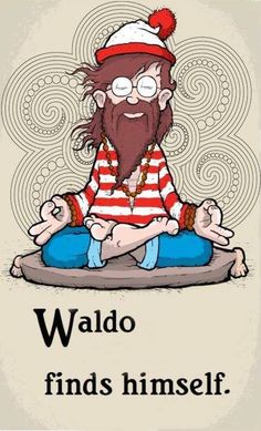 a cartoon character sitting on top of a pillow with words above it that read waldo finds himself