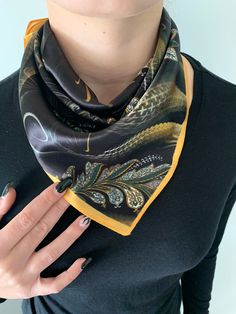 "\"Golden Ferns\" natural mulberry silk small square scarf with size of 53 cm x 53 cm / 20.8 in x 20.8 inch. Soft, smooth, and lustrous silk charmeuse, one sided quality print, breathable and skin-friendly feels very comfortable to wear. Can style in different ways: wear this scarf as a neck scarf, as a hair tie, as a head band scarf, as a bag accessory scarf, as a wrist band...or style it any way you want with your own sense of creativity! Suitable for all seasons and is a great gift idea for special occasions. Care Instructions: Pure silk is a type of organic and natural fabric, please avoid washing if it's not particularly dirty. Hand wash cold gently with mild detergent, hang to air dry or lay flat to dry. Dry clean recommended. Stored in a cool, dry, and dark place. To smooth out wrin Bandana Silk, Silk Hair Scarf, Small Silk Scarf, Scarf Bag, Silk Scarf Hair, Silk Bandana, Pure Silk Scarf, Small Scarf, Silk Set