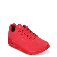 Skechers-Street Uno Stand On Air Sneaker Classic air-cushioned style meets updated comfort in the Skecher Street Uno Stand On Air athleisure shoe. A smooth synthetic upper, Air Cooled Memory Foam insole, and visible air cushioned midsole embolden the look of these modern sneakers that feature all one color for modern styling. Red Slip-resistant Synthetic Sneakers, Casual Synthetic Sneakers With Gel Cushioning, Red Sports Sneakers With Gel Cushioning, Red Sneakers With Arch Support For Sports, Red Sports Sneakers With Arch Support, Red Sporty Sneakers With Arch Support, Athleisure Shoes, Women Street, On Air