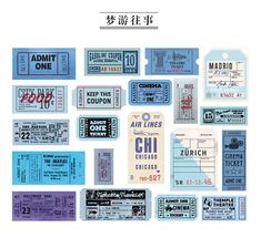 various tickets are arranged in the shape of a collage with chinese characters on them