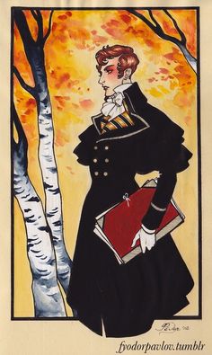 a painting of a woman in a black coat and red purse standing next to a tree