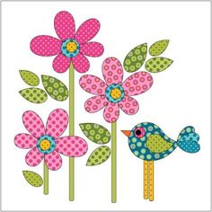 two colorful birds sitting next to flowers on a white background with polka dotty dots