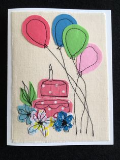 a card with balloons and flowers on it