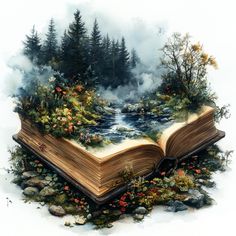 an open book sitting on top of a lush green forest