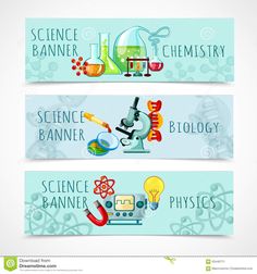 three science banners with icons and symbols