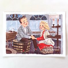 A print of an original painting that was painted in gouache by me of Bing Crosby singing Count Your Blessings to Rosemary Clooney from the movie classic White Christmas! Watermarks are not on the print.  Colors may vary due to screen monitor.  Each print is packaged in a clear envelope with stiff backing and shipped in a stiff envelope.  Thanks for stopping by! © Audra Esch Christmas Movie Art, White Christmas Bing Crosby, White Christmas Film, White Christmas Movie Poster, White Christmas Movie, Rosemary Clooney, Clear Envelope, White Christmas Character Print T-shirt, Movie Artwork