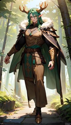 a woman with green hair and horns standing in the woods wearing an outfit that has deer antlers on it