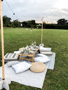 an outdoor picnic setting with pillows, table and chairs on the grass in front of it