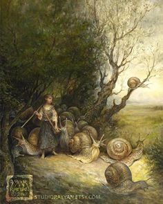 a painting with snails crawling on the ground and a woman standing in front of them