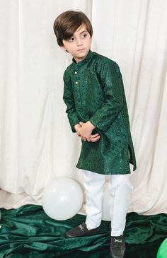 Adorable, made-to-order kurta for infant, toddler and kid boys! MATCHING FATHER AND SON SETS ARE AVAILABLE ON OUR SHOP NOTE: Mesori collection runs a little small, its recommended to go 1 size up. Kurta ➤ Luxurious cotton-silk fabric in deep green ➤ Beautifully embroidered self-design ➤ Smart fit and modern length Pajama / Pant / Trouser ➤ Breathable and easy-to-wash cotton fabric ➤ White to match with several kotis, kurtas and occasions ➤ Unique elastic and zarband combination ➤ Comfortable and Applique Borders, Boy Kurta, Kids Kurta Pajama, Boys Kurta Design, Kids Kurta, Pant Trouser, Cotton Silk Fabric, Boys Kurta, White Pajamas