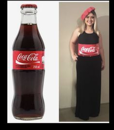 a woman in a red hat and black dress next to a coca - cola bottle