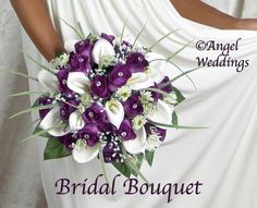 a bridal bouquet with purple and white flowers