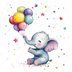 an elephant holding balloons in its trunk and sitting on the ground with stars around it