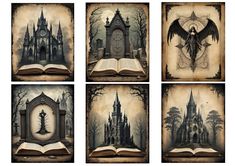 four different pictures of an open book with gothic architecture