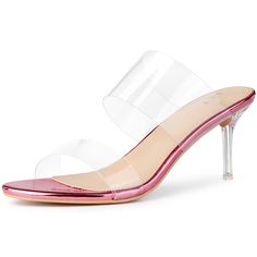 These clear slide stiletto-heel sandals will be sure to make a statement. These gorgeous slide stiletto-heel clear sandals are easy to pair with your favorite clothing and also help you get more compliments. They fit adults and females. Team them with your favorite cocktail dress and colorful accessories for a glamorous party look this season. A good choice for back-to-college outfits. High Heel Jelly Sandals With Clear Strap, High Heel Jelly Sandals With Transparent Straps For Party, Clear Open Toe Heels With Clear Strap, Clear Heels With Open Toe And Clear Strap, Party Jelly Sandals With Transparent Straps And High Heel, Clear Pointed Toe Sandals With 4-inch Heel, Pink Heels With Clear Strap For Party, Pink Party Heels With Clear Strap, Clear High Heels With Transparent Straps