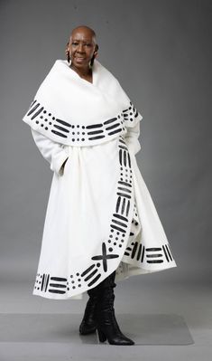 Hand Printed Bogolon Inspired, Circle Coat . Pictured is floor length. African Winter Fashion, Modern White Long Coat, White Hooded Patchwork Outerwear, Half Circle Cloak, Cosmos Fashion, Luxury White Outerwear With Double-lined Hood, Luxury White Long Coat, Zen Inspiration, Apres Ski Wear