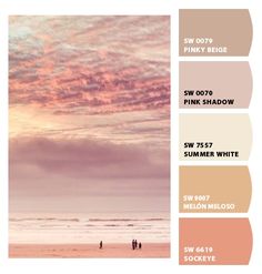 some people are walking on the beach at sunset with colors in shades of pink, orange and beige