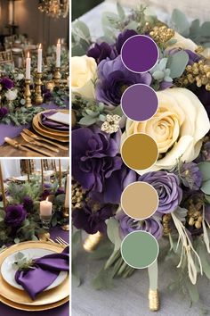 the table is set with purple flowers and gold place settings for an elegant dinner party