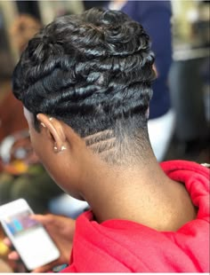 Short Faded Pixie Haircut Women, Female Fade Haircut Black Women Waves, Pixie Cut With Design Black Women, Kehlani Pixie Haircut, Pixie Haircut For Black Women Finger Waves, Jet Black Pixie Haircut Black Women, Low Cut Hairstyles, Pixie Haircut Styles, Waves Haircut