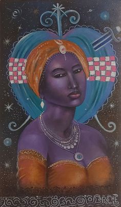 a painting of a woman with an orange headdress and necklaces on her face