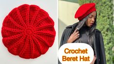 a woman wearing a red knitted hat next to an image of a crochet beret hat