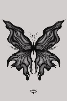 a black and white drawing of a butterfly with wings spread out, on a gray background