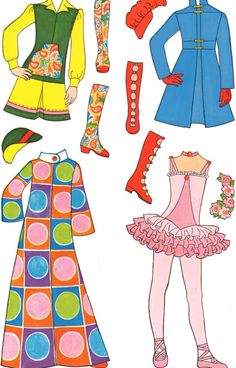 the paper doll is dressed in colorful clothing