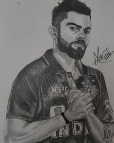 a pencil drawing of a man with a beard and tattoos on his chest holding a basketball ball