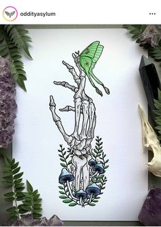 a drawing of a skeleton with a green hat on its head and arms, surrounded by plants