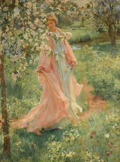 a painting of a woman walking through a field with flowers in her hair and dress