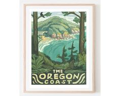 the oregon coast poster is hanging on a wall