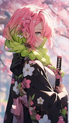 a woman with pink hair holding a bottle in front of cherry blossom trees and looking off into the distance