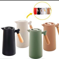 four different colored coffee pots with handles