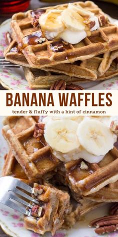 banana waffles are stacked on top of each other with syrup and pecans