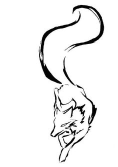 a black and white drawing of a wolf with its tail curled up in the air