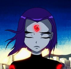 an anime character with purple hair and red eyes looking at the camera in front of a cityscape