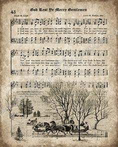 an old sheet music page with horses pulling a sleigh in the snow and trees