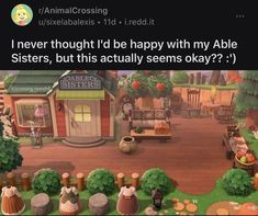 an animal crossing game is shown with the caption that reads, i never thought i'd be happy with my able sisters, but this actually seems okay